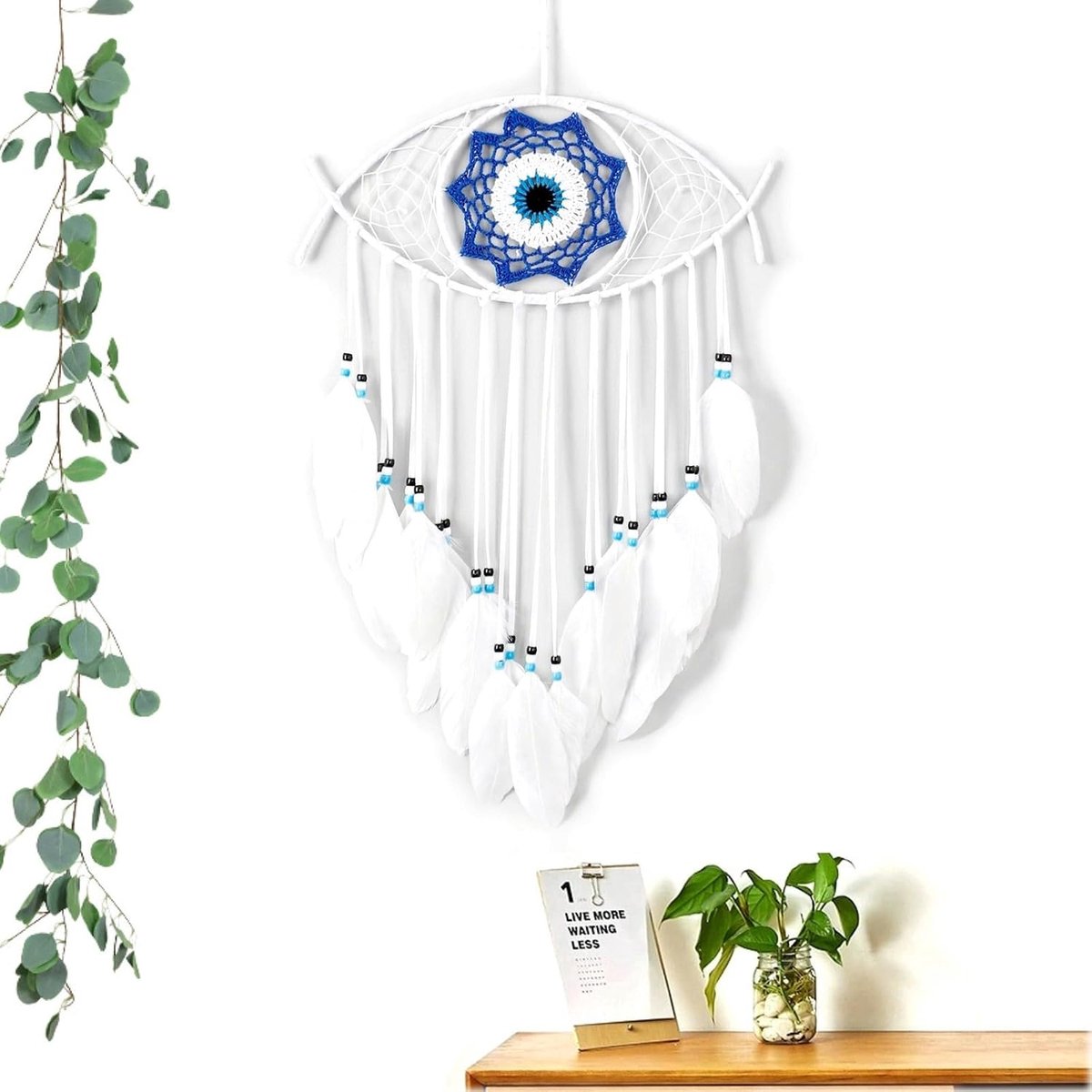 Evil Eye witte dromenvanger, veren dromenvanger met kralen voor slaapkamerdecoratie, wandversiering, gotisch cadeau, duivelsoog macramé dromenvanger