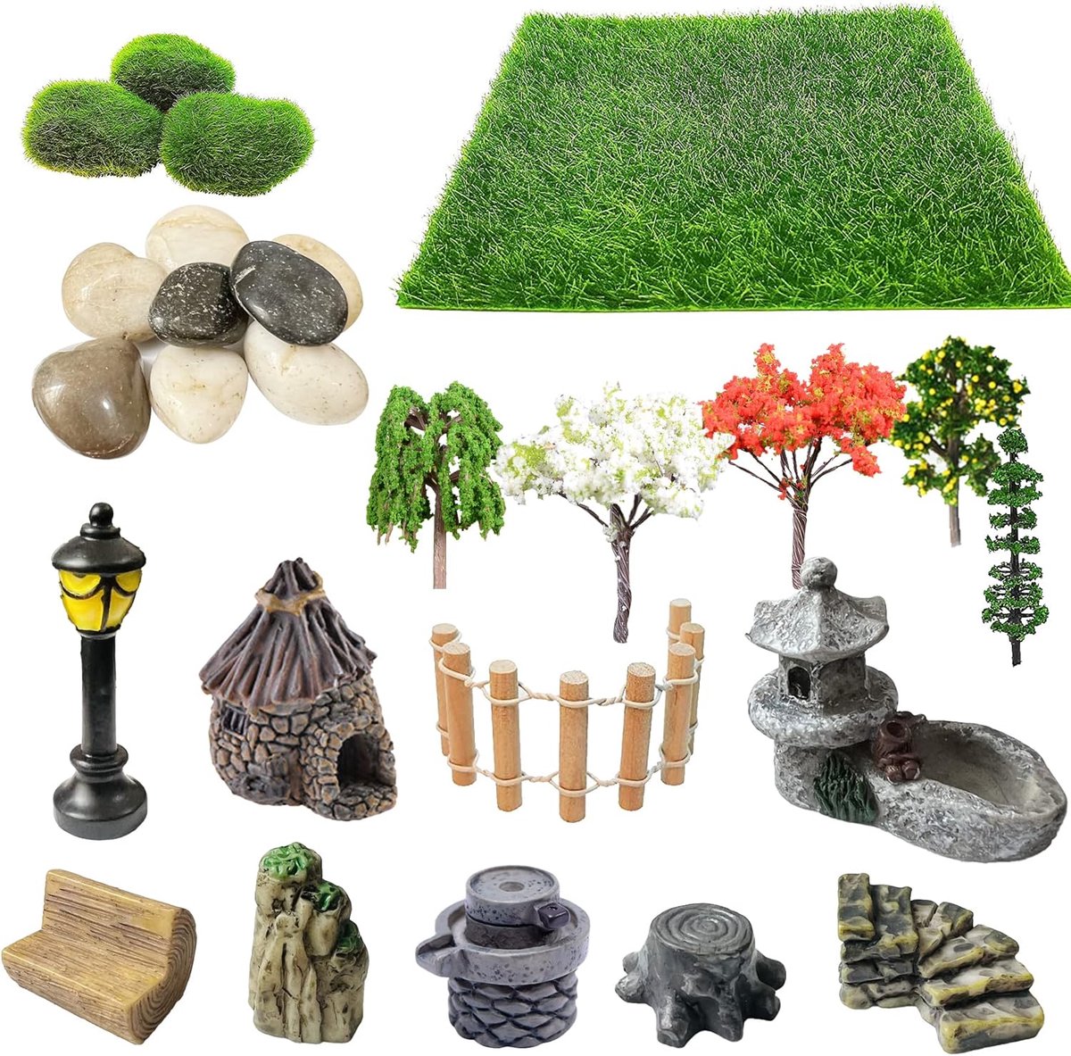 26 stuks outdoor fairy garden miniaturen mini zen tuin accessoires, kunstgras, modelbomen, terrarium ornamenten, poppenhuis benodigdheden (26 stuks)