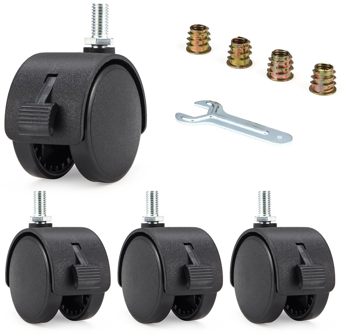 4 stuks rollen van 5 cm met rem, 360° draaibare wielen van nylon, hoge weerstand, dubbele baan, inclusief moeren en sleutels voor eenvoudige installatie