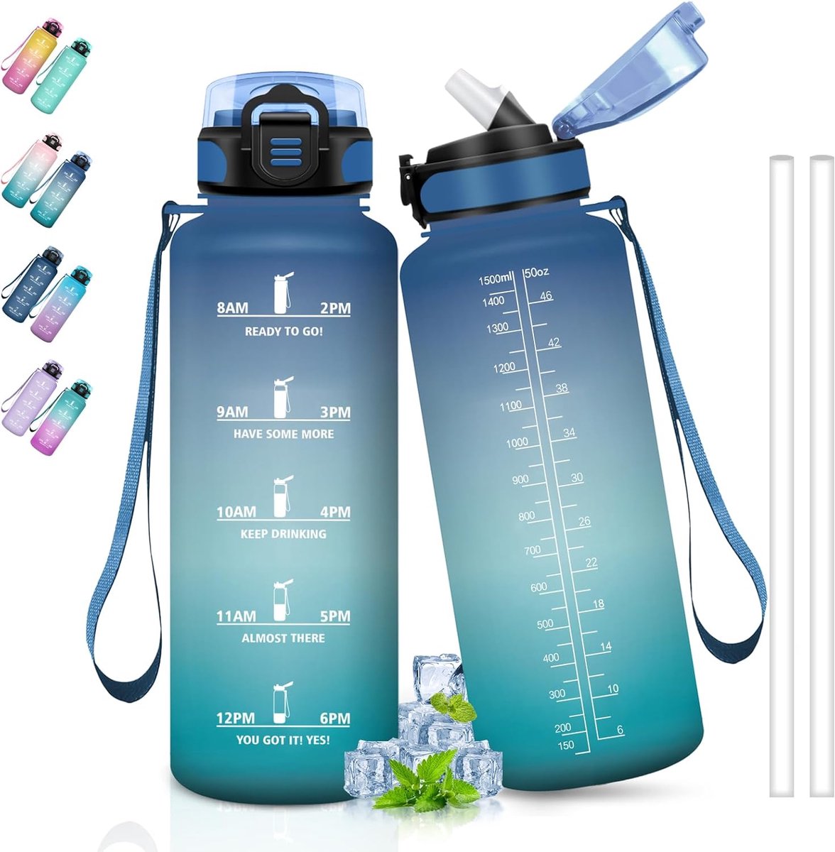 1,5 liter, fitness-drinkfles, lekvrij, motiverende waterfles met tijdschaal, gemakkelijk te reinigen, drinkflessen voor sport, trekking, wandelen, blauw-groen