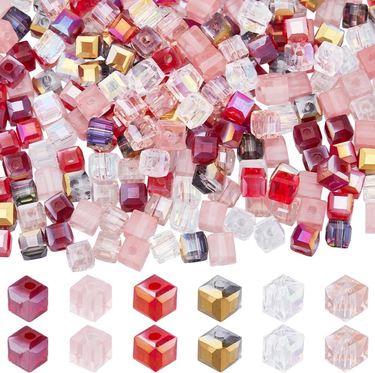 1 Doos 300Pcs 6 Kleuren 4mm Kubus Glas Kraal Bulk Vierkante Kristal Kralen Rode Transparante AB Gekleurde Facet Losse Spacer Kraal voor Sieraden Maken Armband Ketting DIY Ambachten