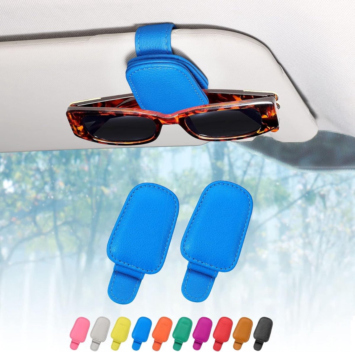 Set van 2 brillenhouders voor de auto, zonneklep, echt leer, autovizier, accessoires, zonnebrilhouder, magnetische zonnebrilhouder, ticket clip, blauw