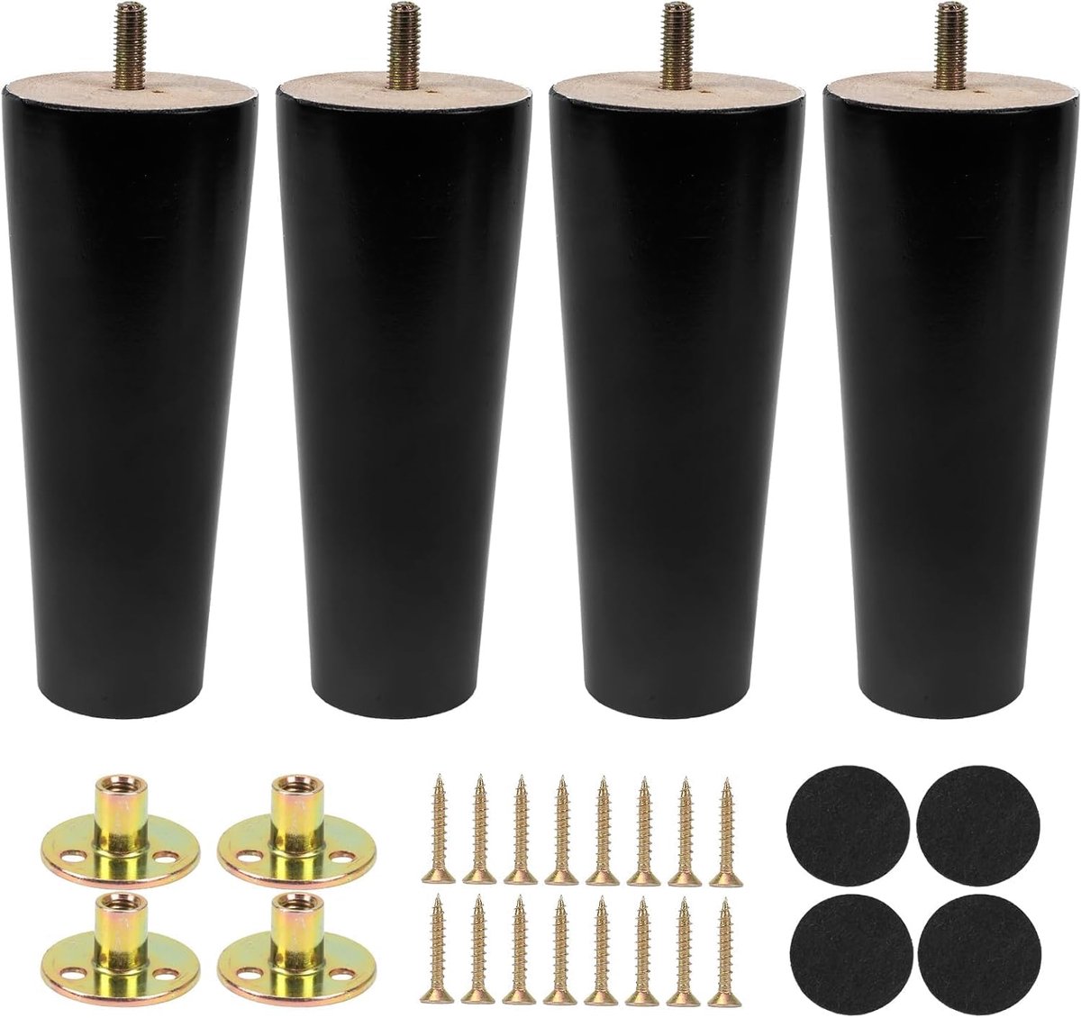 Poten van hout, 15 cm, tafelpoten, eiken, reservepoten met montageplaten en schroeven voor bank, bed, fauteuil, kast, salontafel, zwart