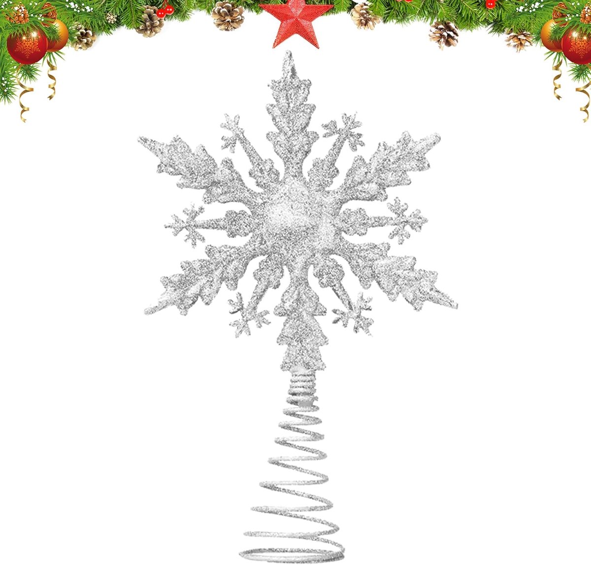 Ster 21cm Zilveren Sneeuwvlok Ster Topper voor Kerstboom Decor