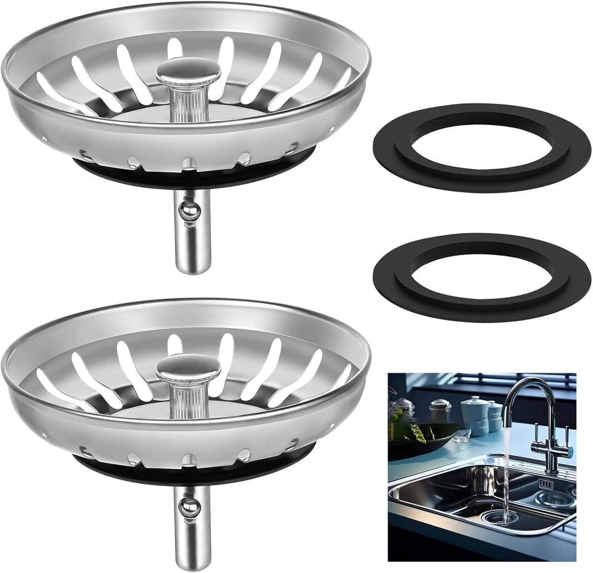 2 stuks roestvrijstalen gootsteen plug zeef - UK universele 78 mm pasvorm, gootsteen plug vervanging & voedsel haarvanger, compatibel met Franke/Blanco/Belfast