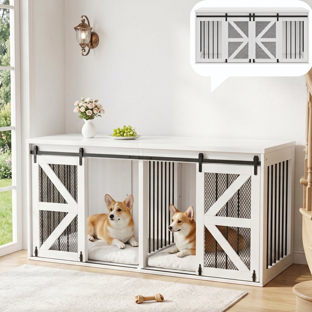 Hondenbench Meubel - Hondenbench 2 Honden - Indoor Hondenhuis-TV Kast Hondenbench – Schuifdeuren –Scheidingswand – Metaal - Hout - Binnen - 160x60x75 cm- 2 Honden-Wit