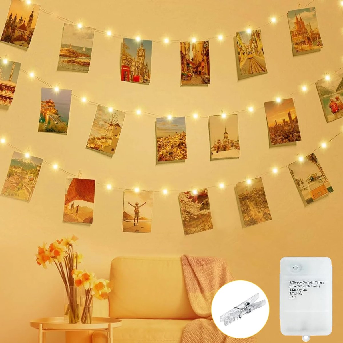 Poto Lichtsnoer met 50 leds, met automatische timer, 8 modi, lichtketting, fotoclips, werkt op batterijen, met 30 klemmen voor foto's, muur, woonkamer, bruiloften, feesten