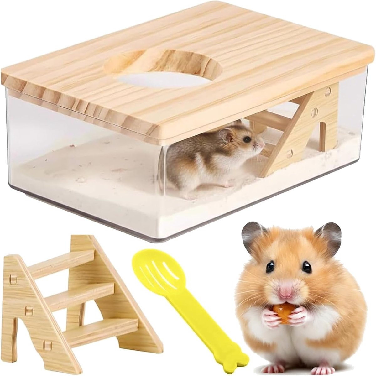 Zandbad Container met Ladder en Schep, Hamster Toilet Transparant, Zandbad Container voor Hamster met Ladder, Hamster Zandbad Container, voor Lemmingen, Dwerghamsters