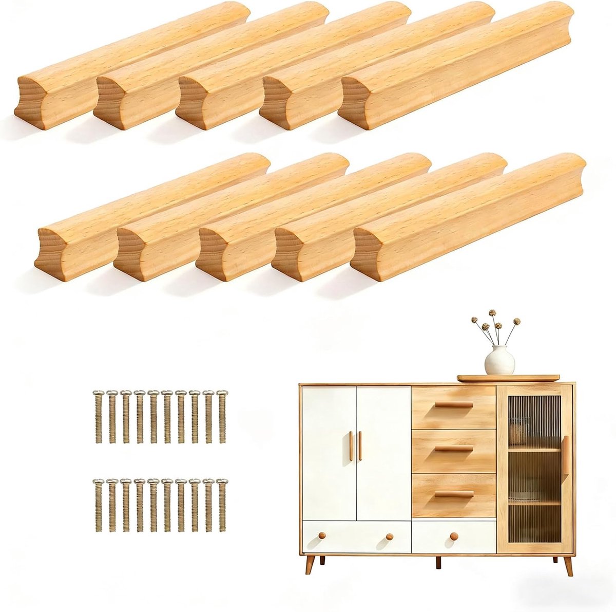 10 stuks houten kastgrepen, beugelgrepen, meubelgrepen, 150 mm, houten handgrepen voor kasten met 20 schroeven, deurgrepen, keuken voor keukenmeubels en commode, handgrepen, schroefgatafstand