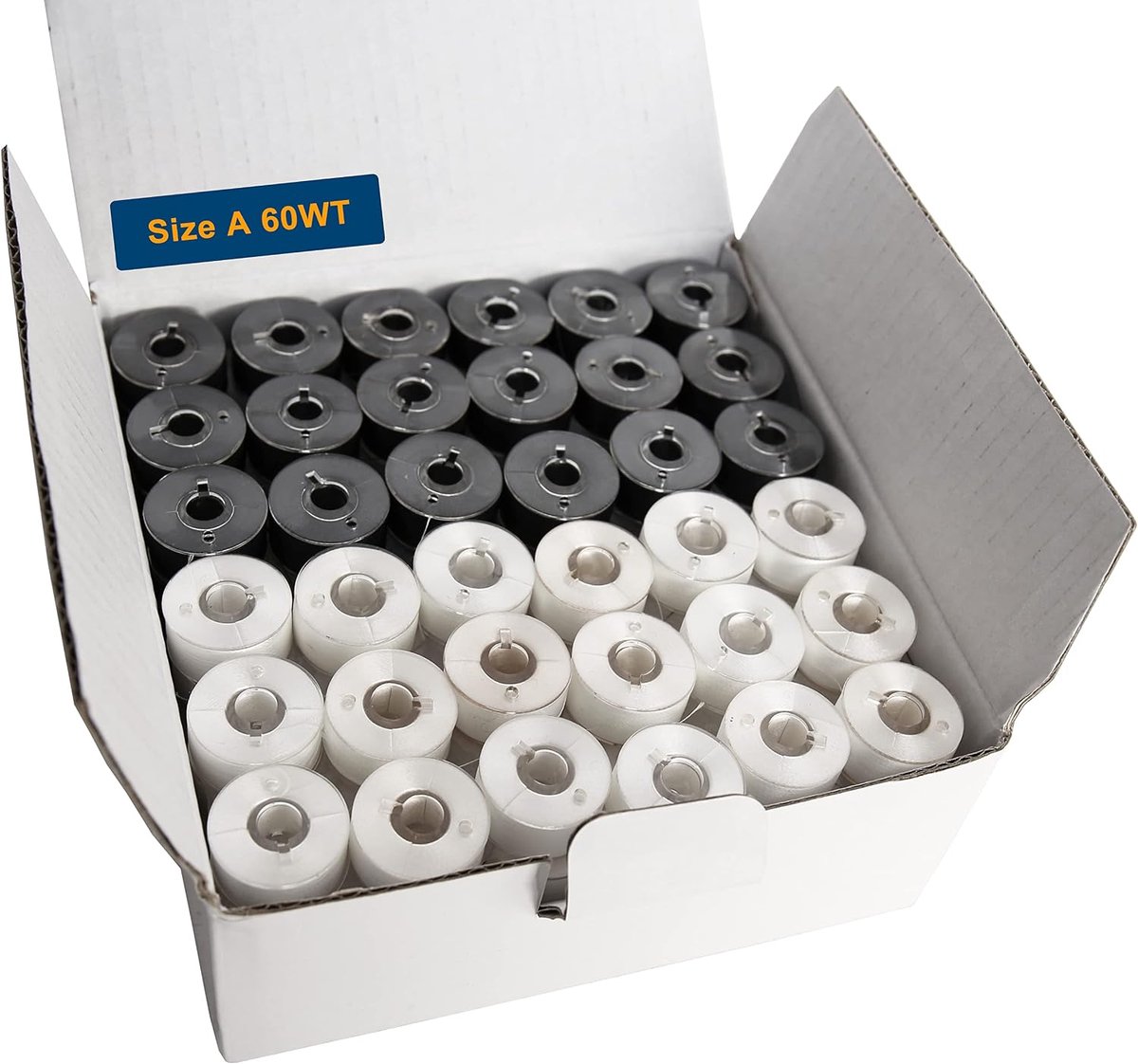 144 voorgewikkelde klossen voor borduur- en naaimachines klasse 15 maat A (SA156) kunststof zijdelings 60 WT polyester naaigaren (72 zwart en 72 wit)