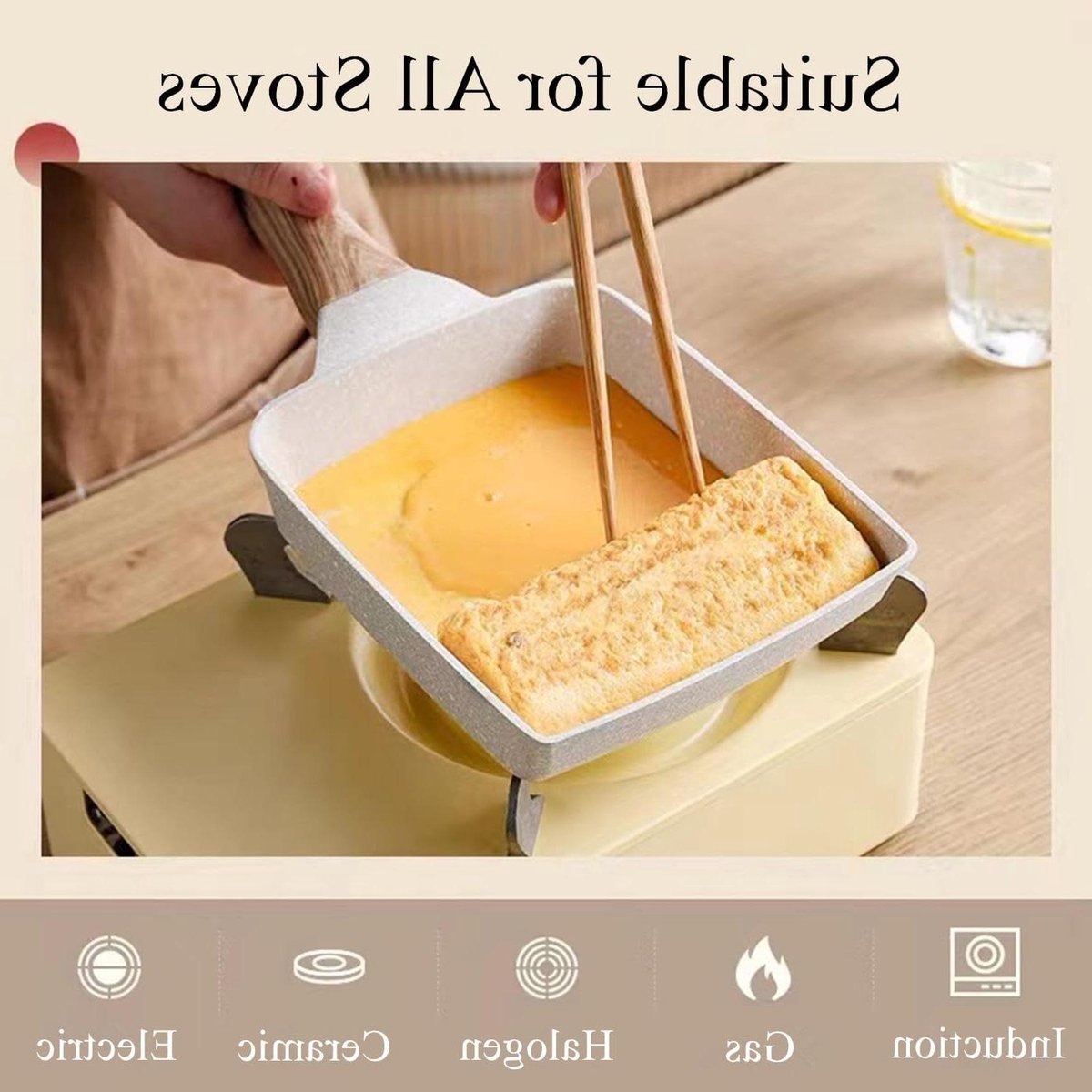 Tamagoyaki pan - Japanse omeletpan - Ontbijt maken - Antiaanbaklaag - 18 x 15 cm - Wit