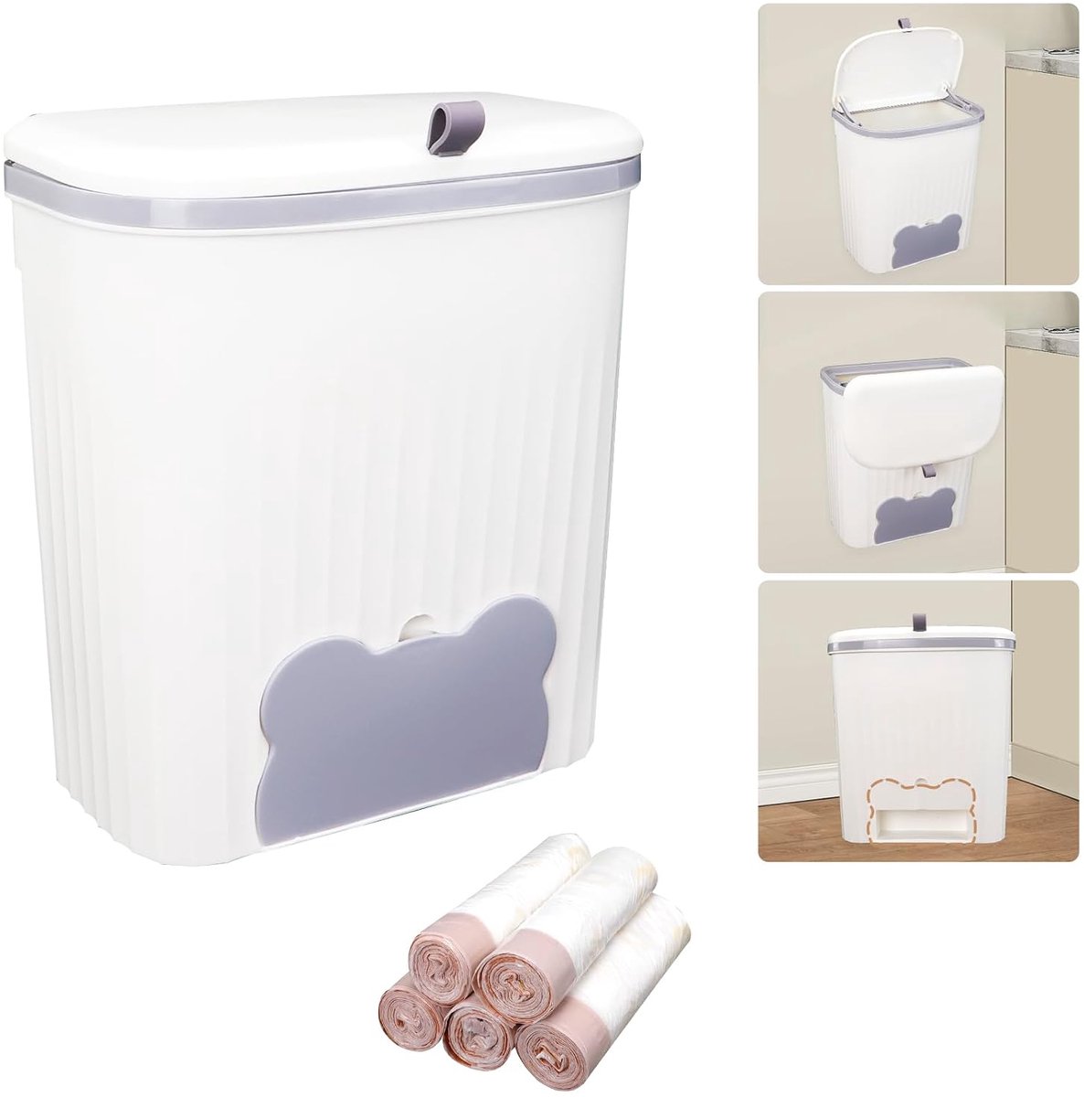 vuilnisbak, 12 liter, keukenafvalemmer met deksel, afvalemmer voor voedselafval met 5 rollen vuilniszakken, wandgemonteerde compostbak voor keukenkast, badkamer, kastdeur
