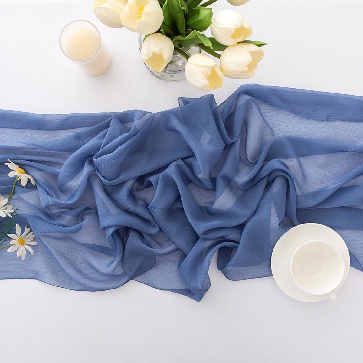 SnelShoppen - Chiffon Tafelloper Bruiloft Tafeldecoratie Stof Tafelkleed Blauw 70 cm Breed en 4 m Lang voor Feestelijke Tafels en Speciale Gelegenhede