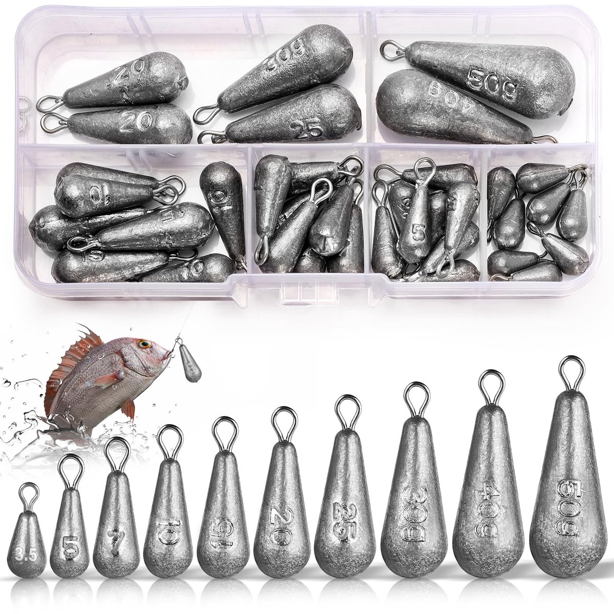 24/40 Stuks Vismateriaal Set Drupvormige Gewichten 3.5g 5g 7g 10g 15g 20g 25g 30g 40g 50g Zinklood Gewichten Voor Diepzee & Zeevissen