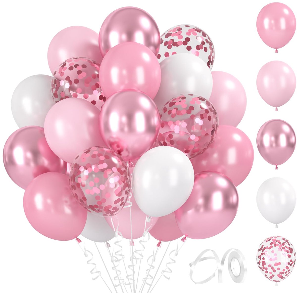 60 stuks luchtballonnen roze, 30,5 cm latex luchtballonnen lichtroze en wit, metallic ballonnen en confetti ballonnen set, voor verjaardag, bruiloft, babyparty, feestdecoratie
