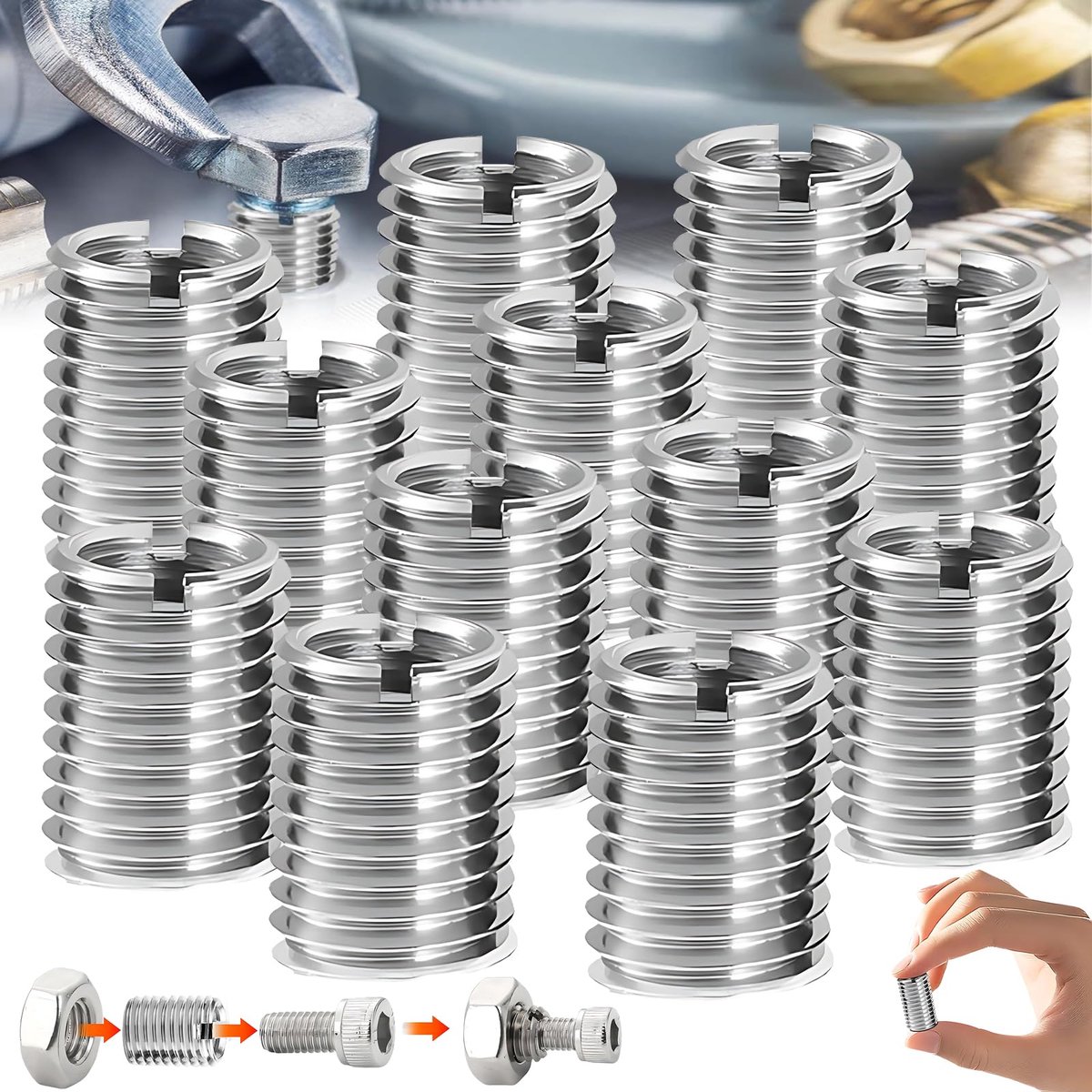 lankai 12 Stuks Reduceermoeren Schroefdraad, Roestvrij Staal Reparatieinzet Moer, M12 Naar M10 Schroefdraad Adapter, Zilver Reparatiemper Schroefdraad Insert, Voor Meubel, Auto, Mechanische