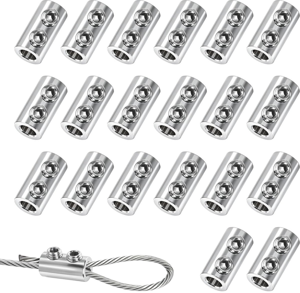 Draadkabelklemmen, 20 stuks, metalen kabelklemmen, set voor 1,5-2 mm kabels, dubbel gat, duplexkammen, draadkabelklemmen met moersleutel, voor tuin, balkon en buitentoepassingen