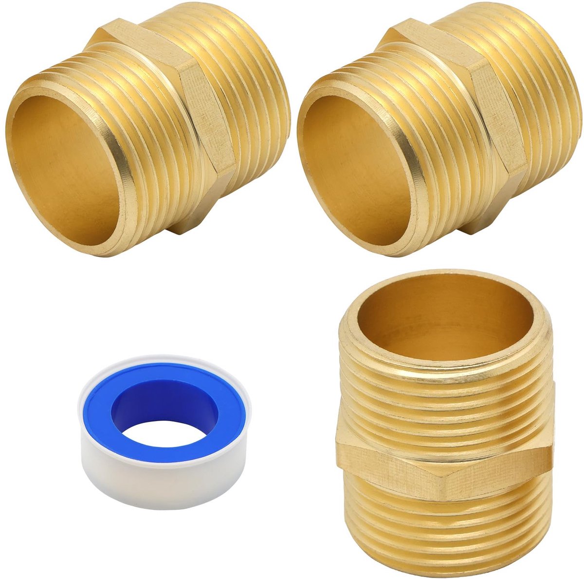 3 stuks G1 naar 1 messing zeskantnippelconnector, dubbele nippel 1 inch, mannelijke naar mannelijke slangverbinding, messing zeskant dubbele tepelreducerende connectoren, BSP buisfittingen