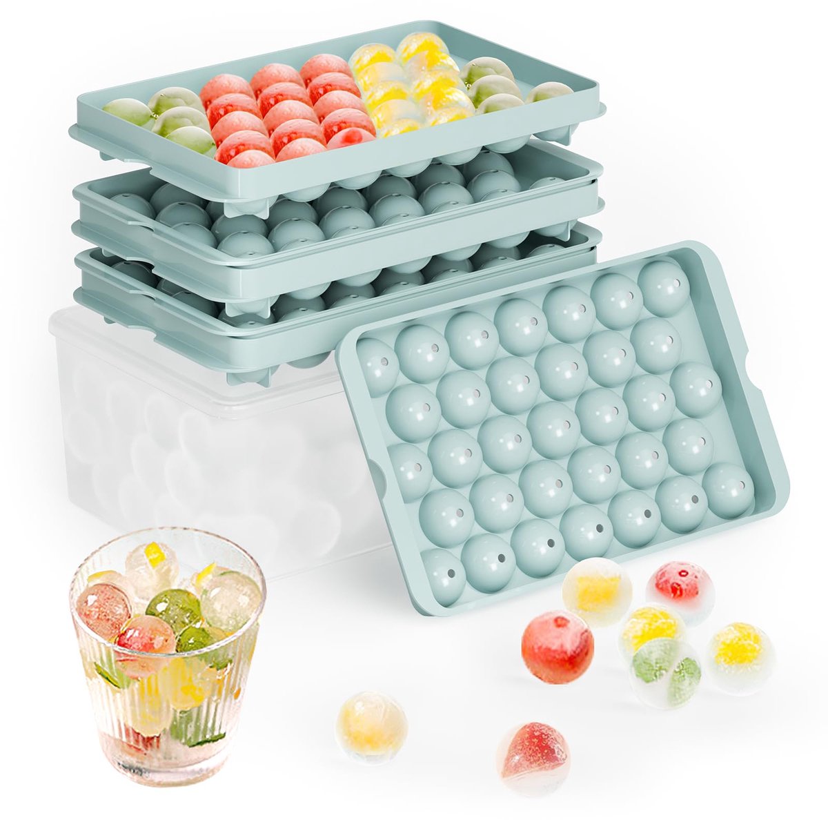 Ijsblokjesvormen voor vriezer met deksel en bak - 3 stapelbare bakjes kleine cirkel ijsvormpjes, 99 stuks ronde ijsballen voor het koelen van whisky, cocktails, koffie - Easy-Release bolvormige