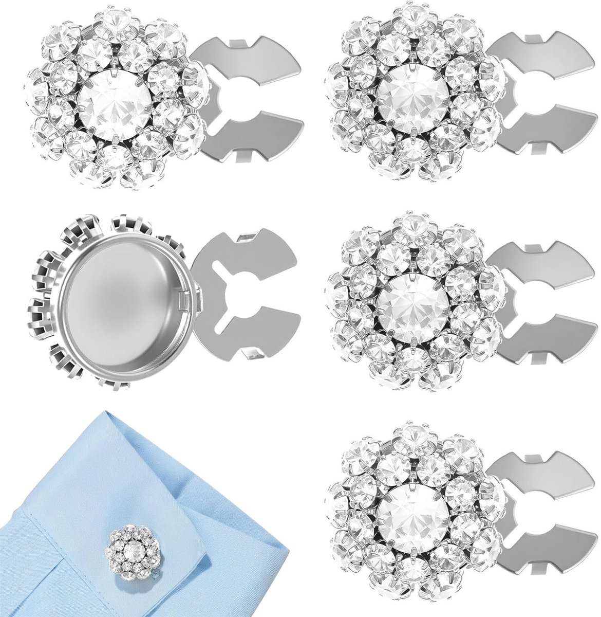 5 stuks knopkappen, afneembare knopkappen voor damesblouses, strass-kristallen clipknopen ter bevestiging, decoratieve vervanging voor kleding, jurken, knutselwerk (Zilver)