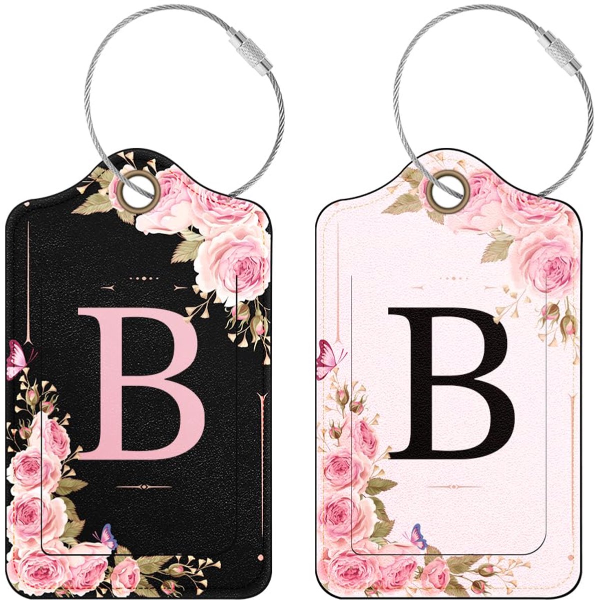2 stuks gepersonaliseerde bagagelabels met initialen, kofferlabels van PU-leer, reisetiketten voor vrouwen en meisjes (B)
