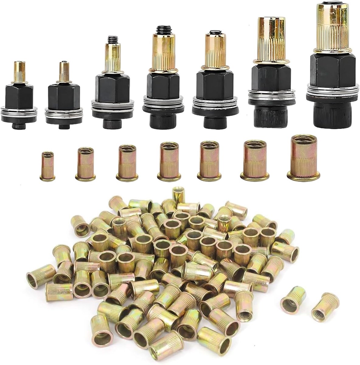 7-delige handklinknagelset: set met klinknagels voor klinknagels, met 70 moeren, klinkmoeren accessoire voor M3, M4, M5, M6, M8, M10, M12