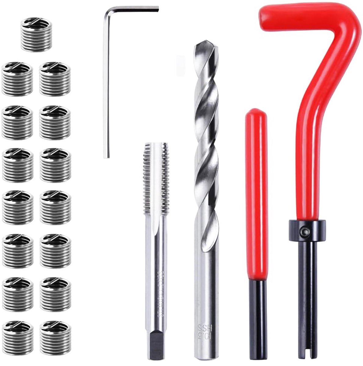 20 stuks M10 x 1,5 mm draadreparatie-inzetset, roestvrij staal draadreparatieset helicoil-spiraal compatibel handgereedschapset voor auto reparatie