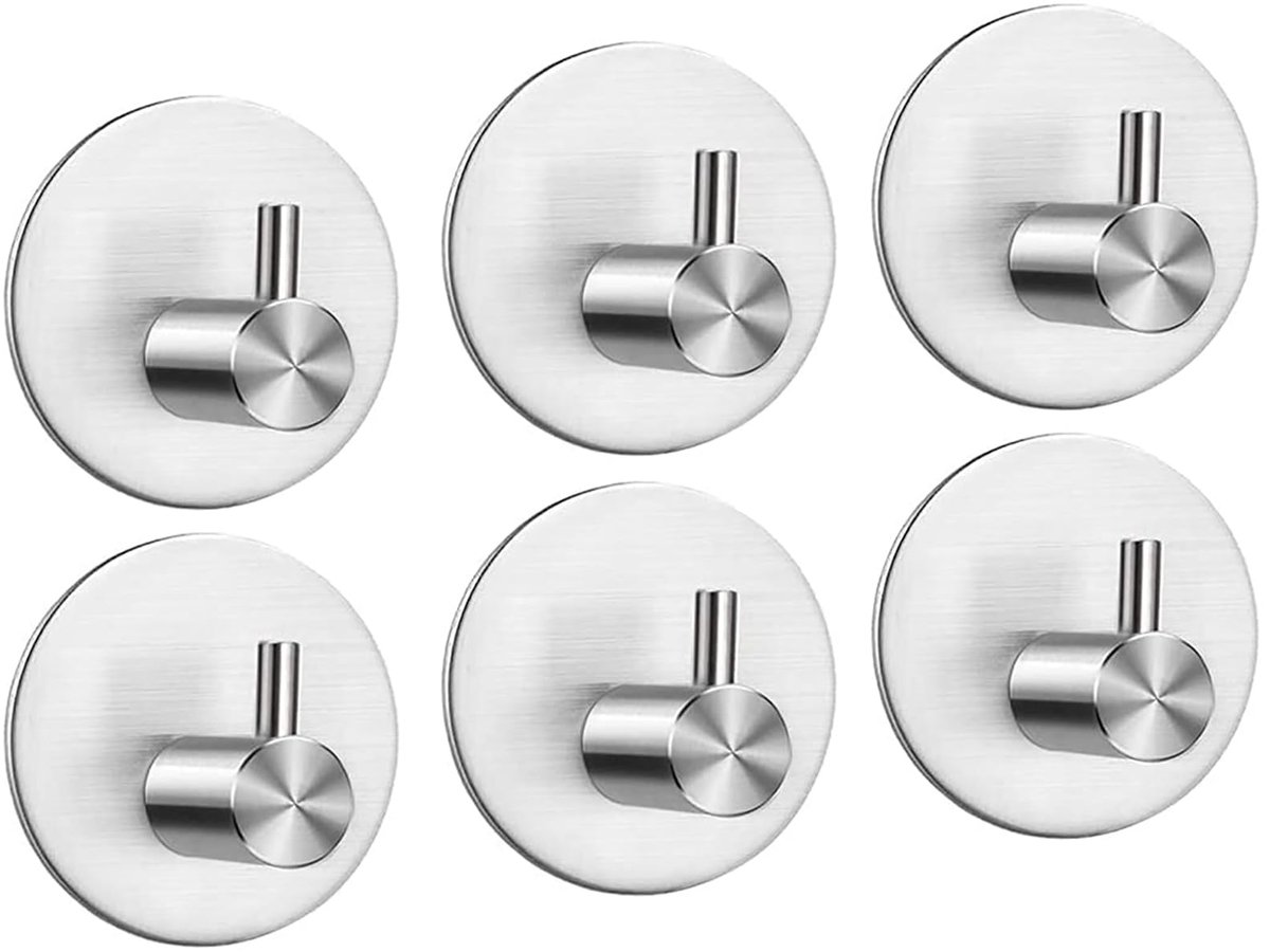 Haken, handdoekhouder, zonder boren, waterdicht, roestvrij staal, wandhaken, badjashaken, kleefhaken voor badkamer, toilet, keuken (6 stuks, zilver)