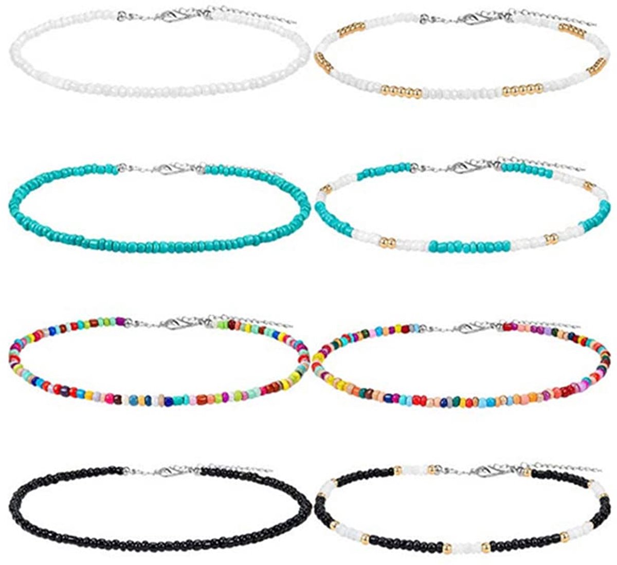 Kraalketting, 8 stuks Boheemse ketting, verstelbare strandketting, kleine kralen choker, Boho stijl verstelbare glazen kralen ketting voor zomer strand, dagelijks dragen, datumdecoratie (meerdere