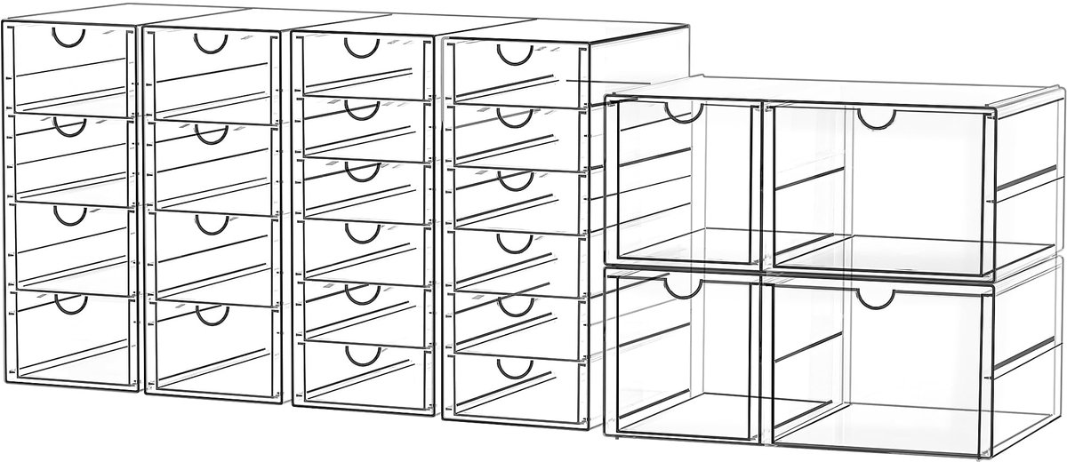 SortNStore Bureau-organizer met 24 lades: Set van 6 make-up organizers met antislip pads | Stapelbare ladekast voor cosmetica, kantoorbenodigdheden, gereedschap en bouwstenen