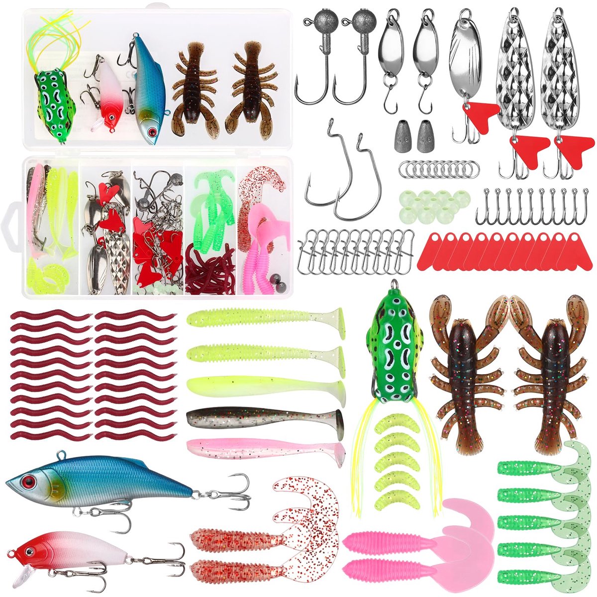 107 stuks hengelaasset, rubberen vissen, visaas, gemengd kunstaas, hengelaccessoireset met 1 doos voor snoekbaars, forel, baars, vissen, visaas voor zoet water, zout water