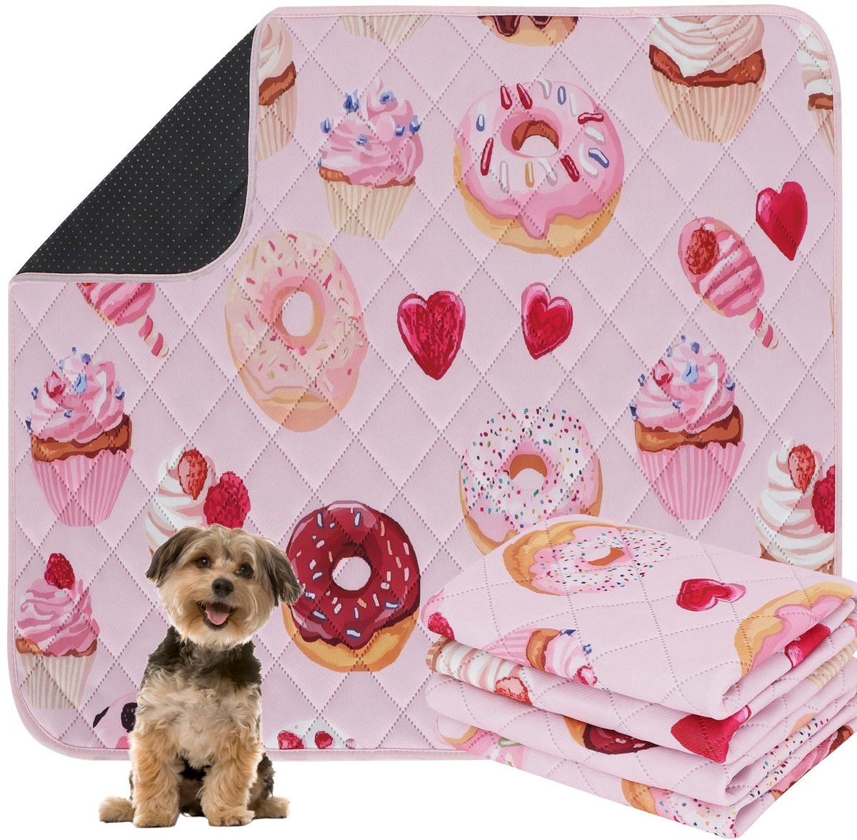 Wasbare plaspads voor honden, set van 2 cakepatroon, herbruikbare waterdichte puppy-potjespads, antislip absorberende trainingspads voor huisdieren voor boxbed EU015 roze taart, 90 x 60 cm