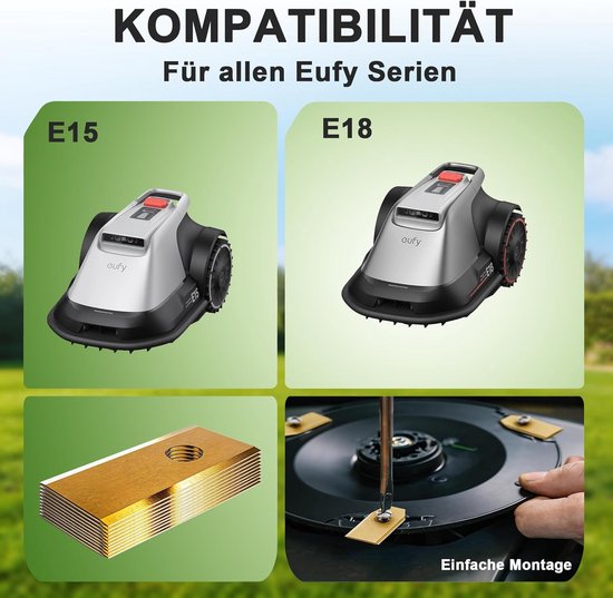 15-delige set titanium snijmessen voor Eufy E15 E18, met 30 veiligheidsschroeven, getest volgens DIN EN 50636-2-107, scherp, duurzaam, roestvrij & stil, inclusief opbergdoos — afbeelding 5
