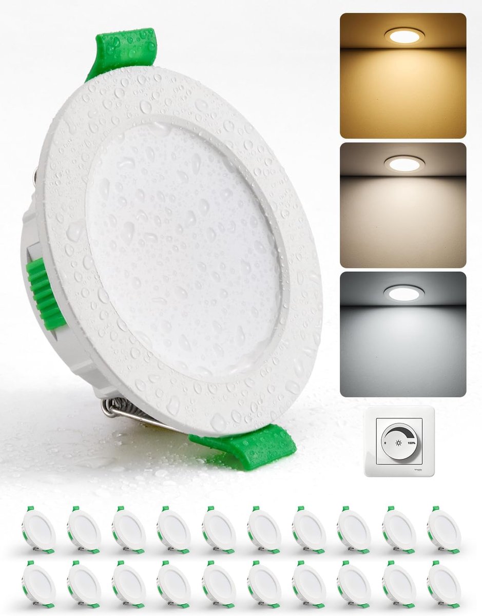 Downlight LED, mogelijkheid tot dimmen, 4 W inbouw spotten voor binnen, warm wit 2700K, natuurlijk wit 4000K en koud wit 6000K, stieroog IP44 badkamer, opening 55-68 mm, zeer plat