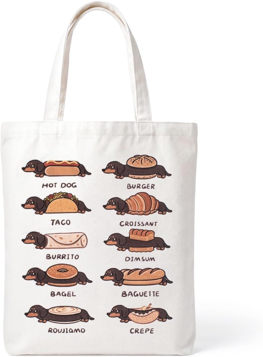 Cadeaus jute tas, stoffen tas met grappig teckelpatroon, 35 x 42 cm, boodschappentas met lange hengsels
