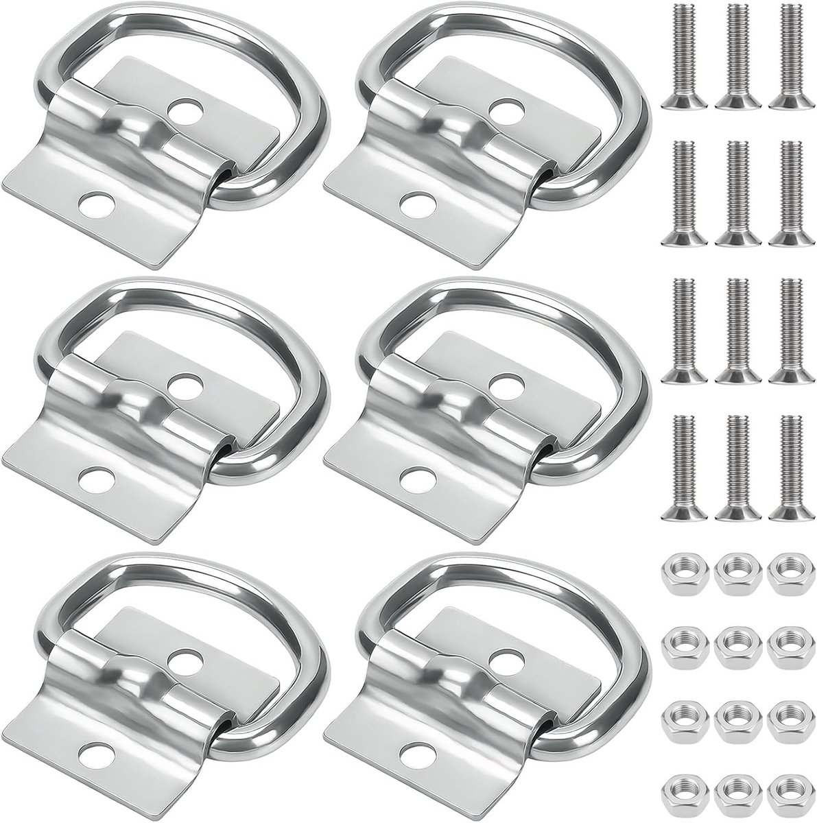 6 stuks sjorringen, D-ring sjorogen met belasting 500 kg, sjorogen bevat 12 schroevensets voor het vastzetten van lading in aanhanger, vrachtwagen, boot, kajak (zilver)