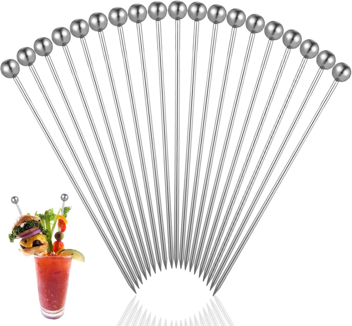 20 stuks cocktailspiesen van roestvrij staal, zilver, Martini-prikkers, 11 cm, herbruikbare cocktailprikkers, metalen fruitsticks, roestvrij staal, cocktailspiesen voor fingerfood, sandwich