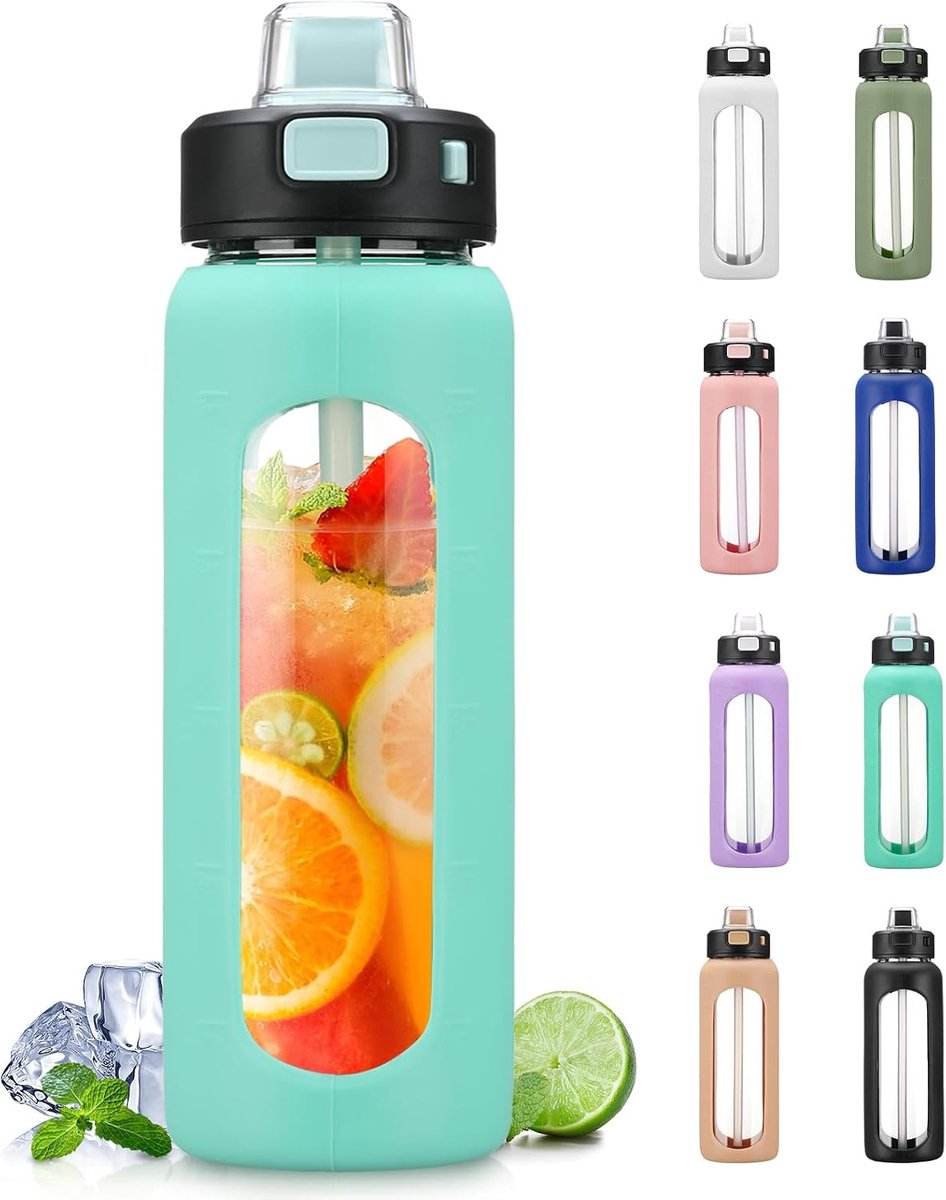 700 ml glazen waterfles met handgreep en siliconen sifonrietje voor buitensporten Motiverende waterfles, lekvrij, lichtgroen