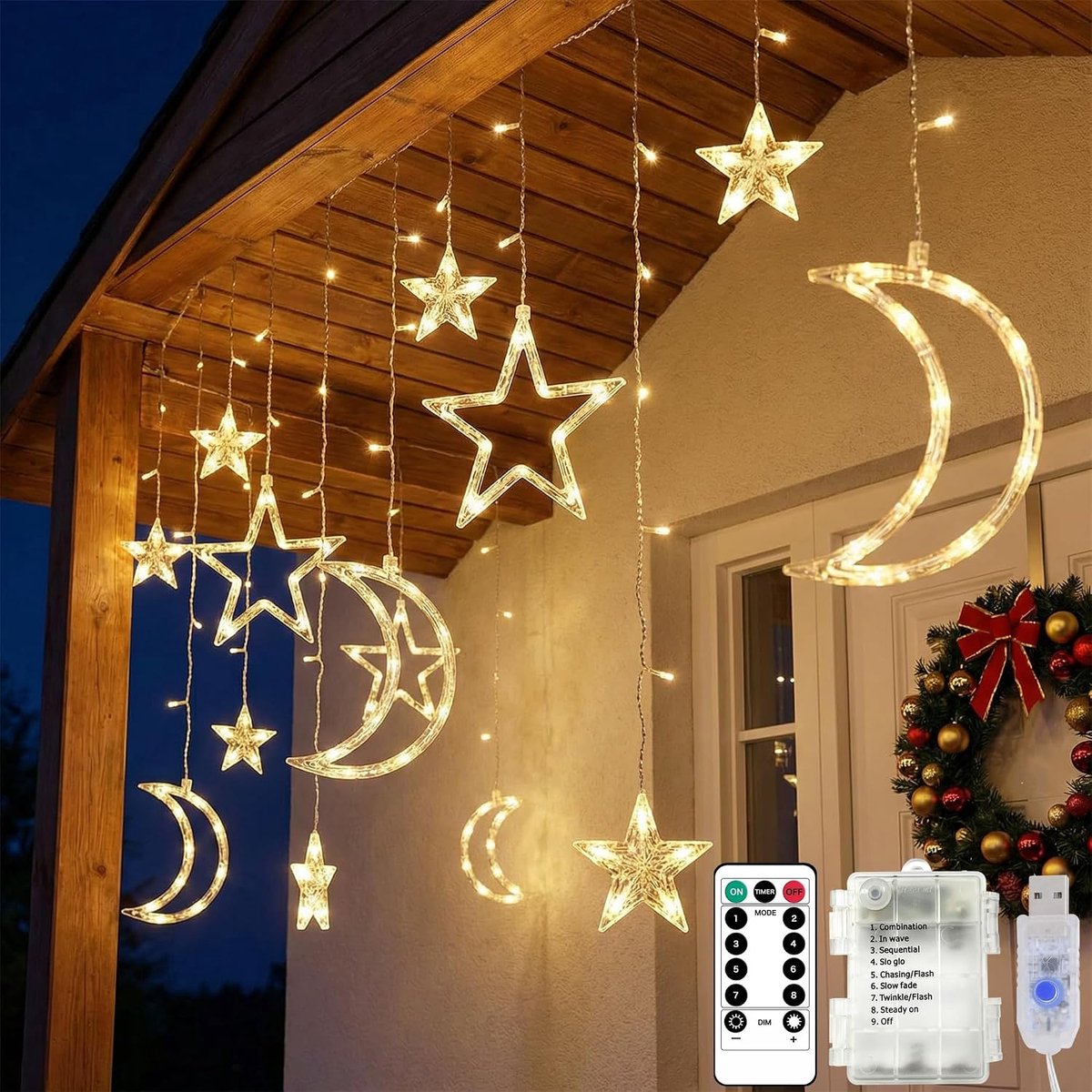 lichtsnoer, 3,5 m, 138 leds, lichtketting, maan, sterren, werkt op batterijen, USB, met timer en afstandsbediening, 8 modi, ramadan decoratieve verlichting, raamverlichting voor Ramadan