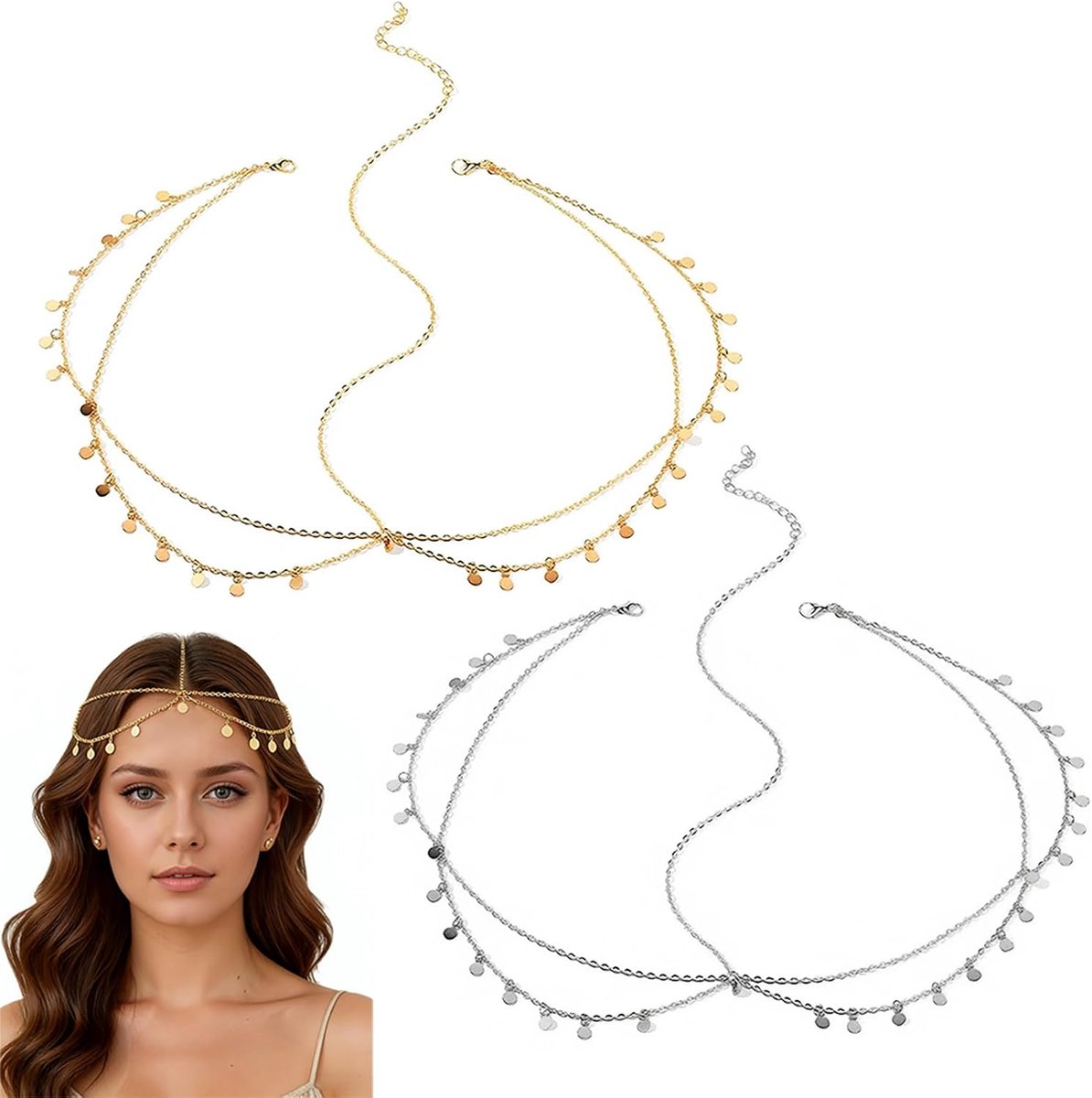 2 stuks hoofdketting voor dames, goudkleurig, zilver, goud, haarband met pailletten, Boheemse hoofdband, kwastje, ketting, hoofdtooi, meerlaagse ketting voor bruiloft, eindexamenbal, party