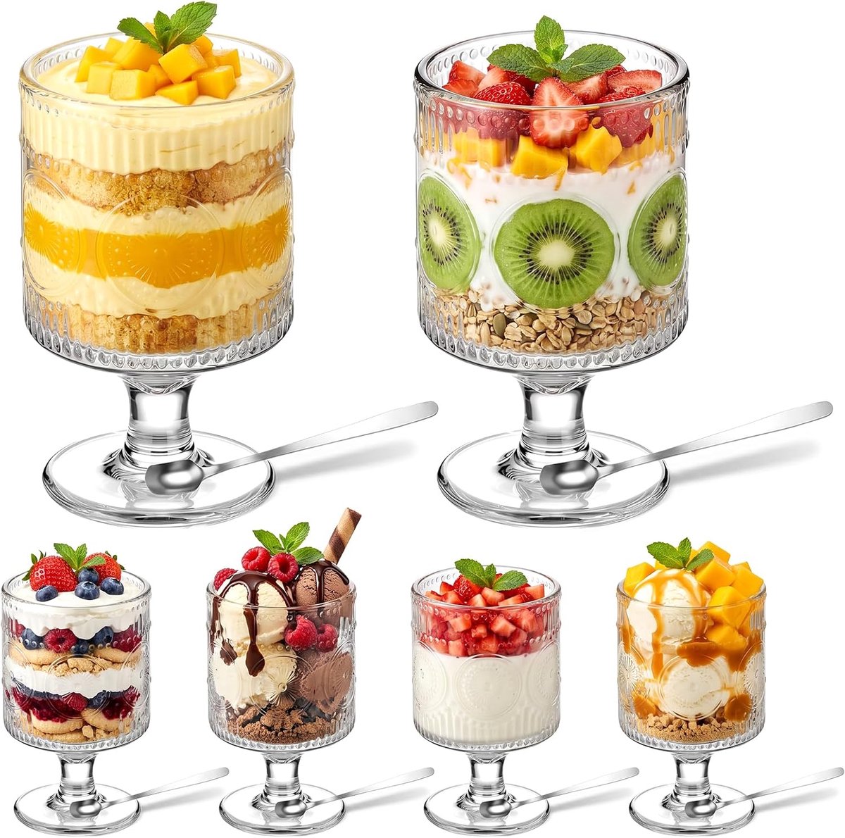 Dessertglazen 180 ml, set van 6 ijsbekers met 6 roestvrijstalen lepels | Glazen, ijsbeker met voet, voor milkshake, voor ijskoffie, voor muesli en dessert, ideaal voor feestjes en entertainment