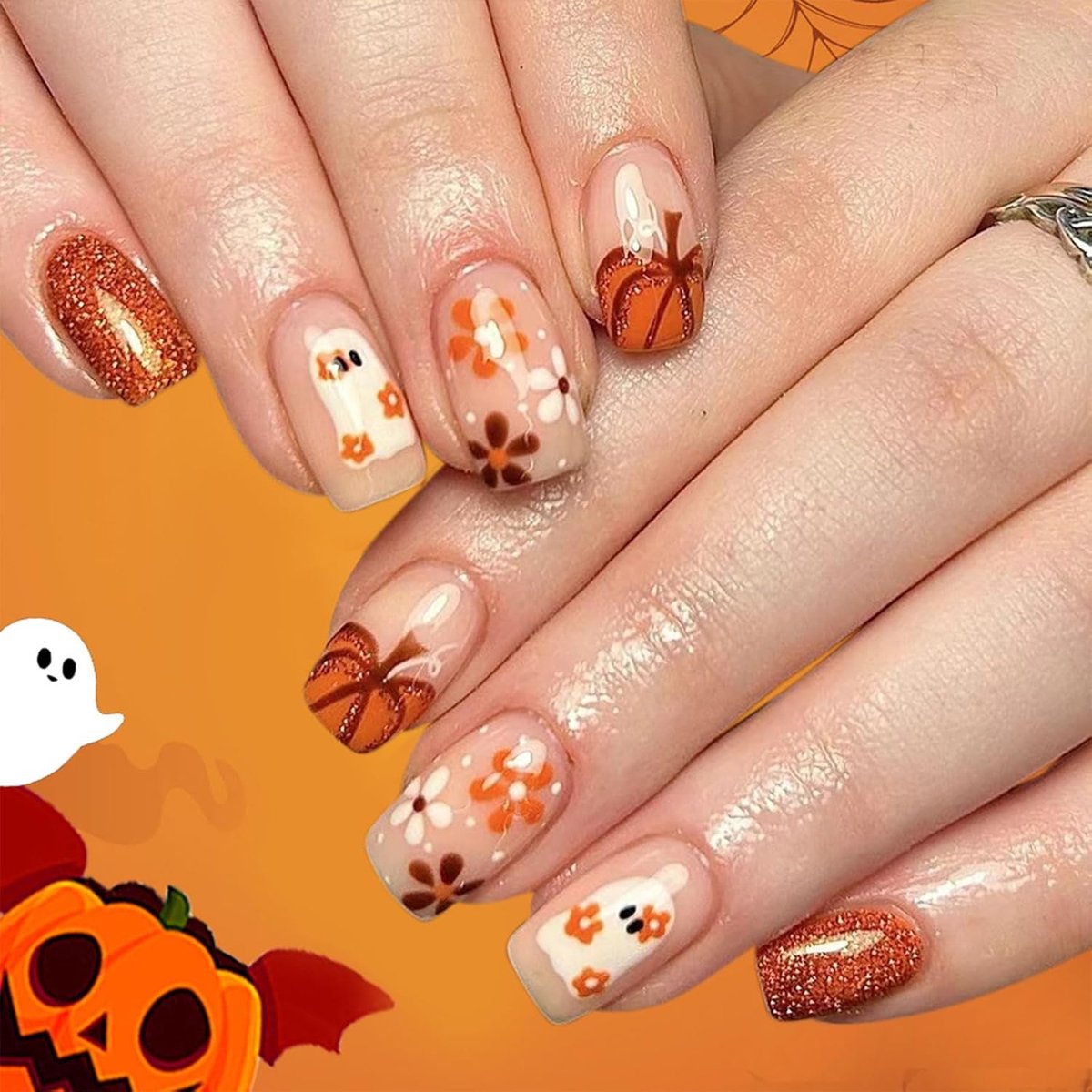 24 stuks Korte Halloween Press-on Nagels, Gouden Pompoen & Spoken Ontwerp, Herfst & Thanksgiving Thema, Kunstnagel Set