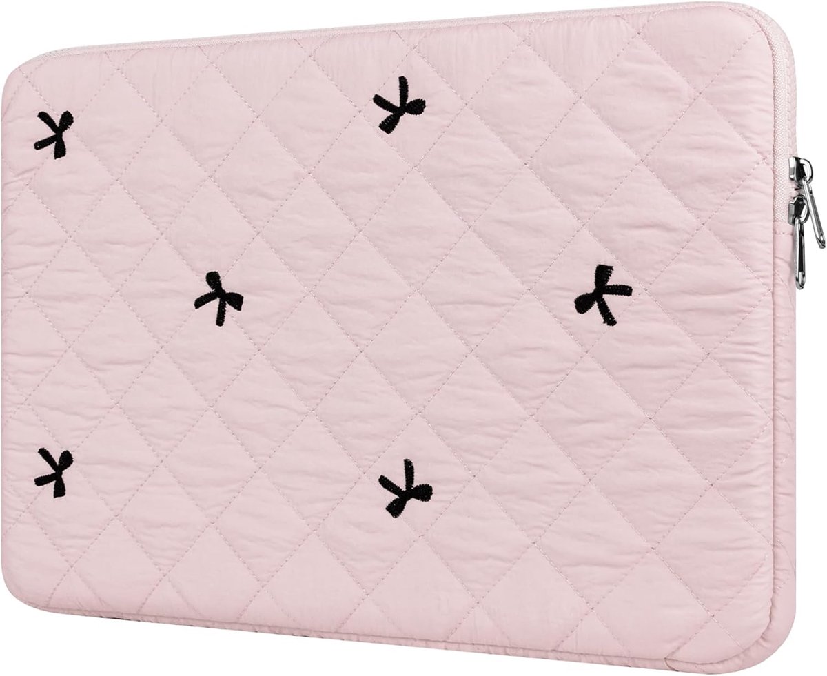 Laptophoes 13-14 Inch Laptop Sleeve Hoes, Laptoptas met Geborduurde Strikjes, Compatibel met 13-14 Inch MacBook/Chromebook/PC Laptop, Roze