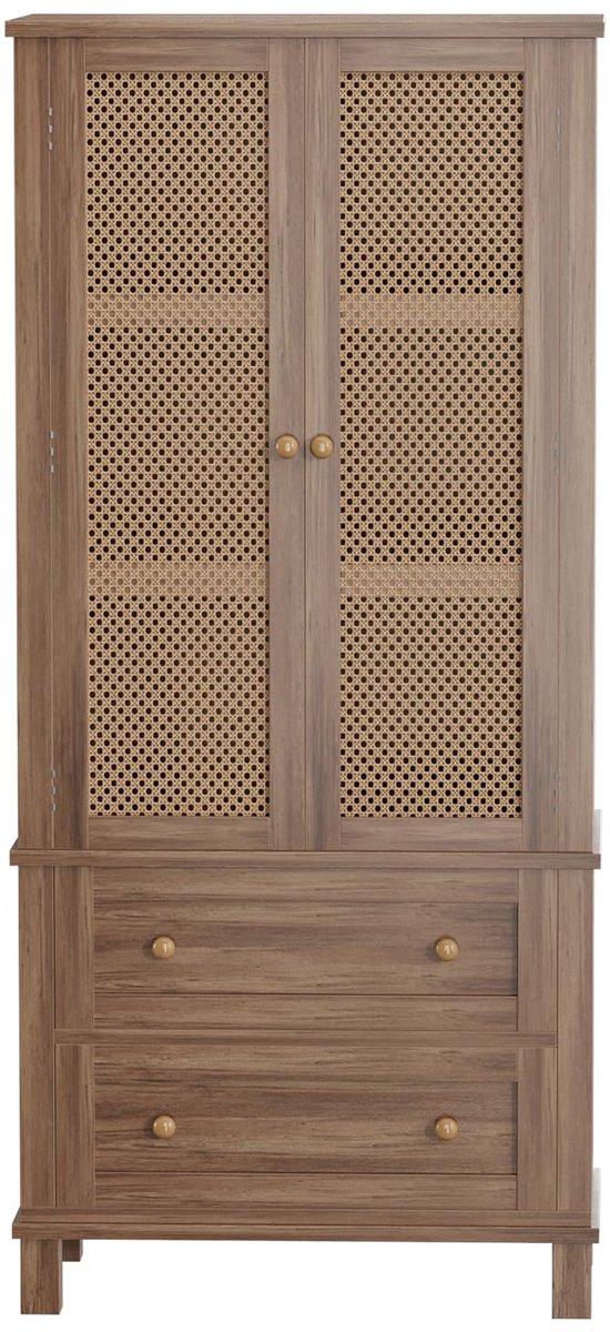 Danky - Rotan Imitatie - Voedselopslagkast - 180x80x40cm - Verstelbare Planken - 2 Laden - Licht Walnoot