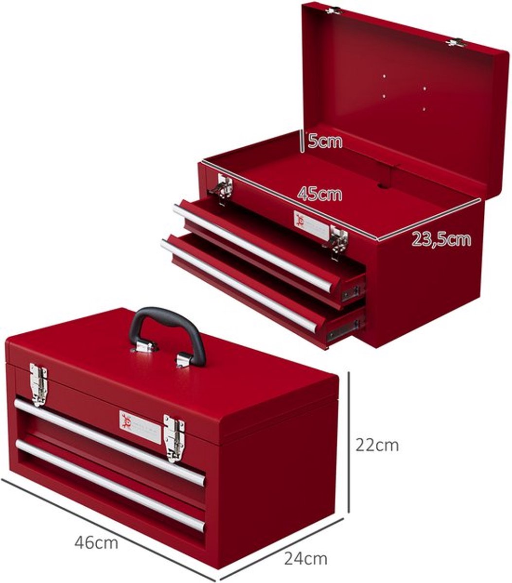 Gereedschapskist – Gereedschapsdoos – Toolkist – Opbergtas – Werkplaatskist – 2 Laden – Robuuste Stalen Sluitingen – Draagbaar 46x24x22 cm – Rood