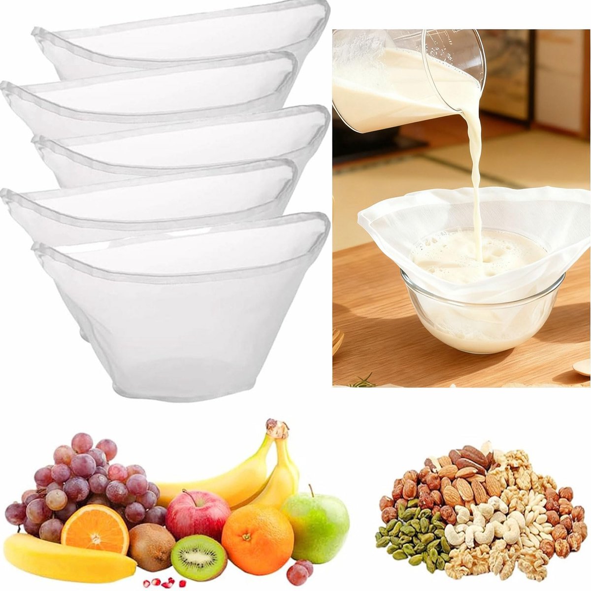 Set van 5 middelgrote komvormige nylon filterzakjes - herbruikbaar fijnmazig multifunctioneel filter voor notenmelk vruchtensap sojamelk en knoedelvulling