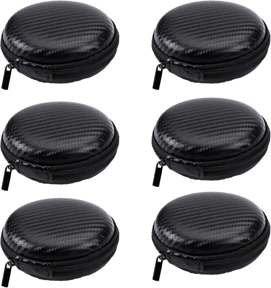 LISM-Set van 6 ronde, draagbare beschermhoesjes Geschikt voor oordopjes, een mini EVA-opbergtasje met binnenvakken en een harde opbergtas met ritssluiting, Geschikt voor bedrade oordopjes, MP3-spelers en dataopslag (zwart).