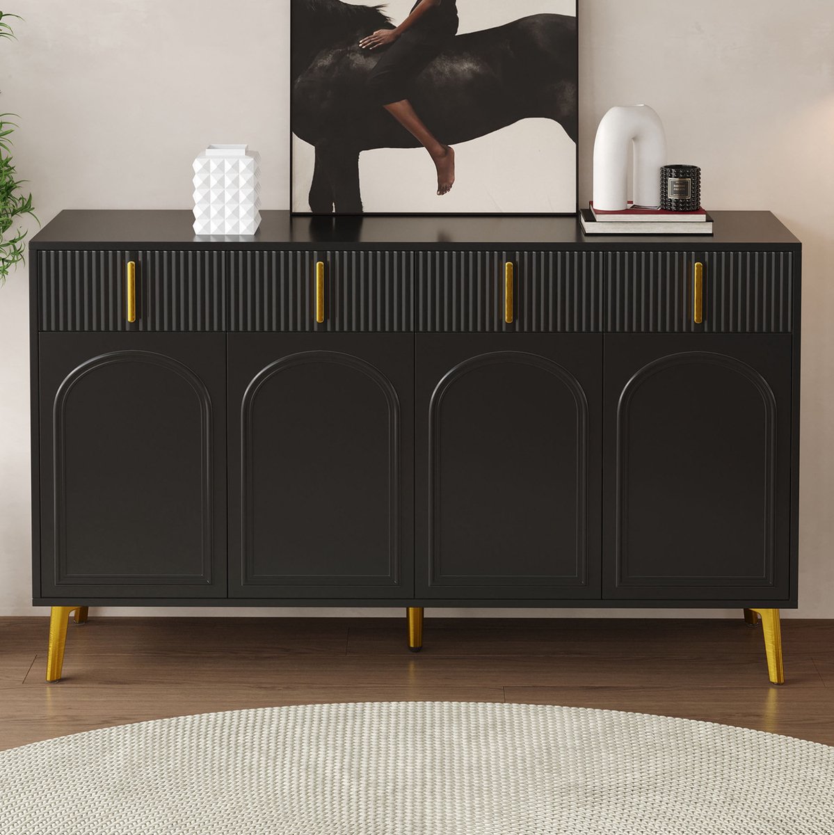 COVREO Dressoir 140 x 38 x 82 cm - 4 deuren, 4 lades, verstelbare planken, zwart