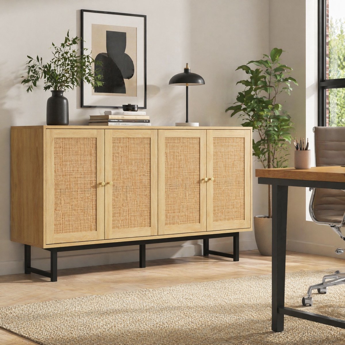 COVREO Buffetkast 140 x 39,5 x 80 cm - 4 deuren, echt rotan, houtlook houtkleur