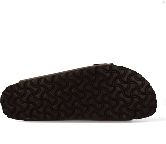 Zool van een grijze Birkenstock Arizona slipper, met een patroon van cirkels.
